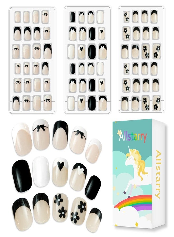 Allstarry 72pcs 3 pack Children Nails Press on Pre-glue Full Cover Kids French Tip Press on Nails Short False Nail Kits Lovely Gift for Children Little Girls Nail Art Decoration - Romantic French - Image 1